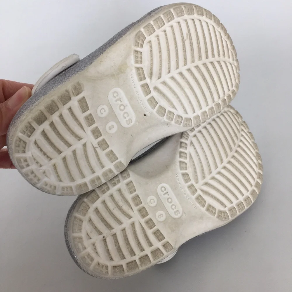 CROCS Girls Classic Clogs White Silver Rainbow Glitter Sandal Shoes Toddlers Sz8